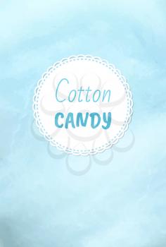 Cotton candy holiday treats logo, fluffy candyfloss of blue color. Vector blueberry taste confectionery made of sugar, summer trip for kids, airy sweetness