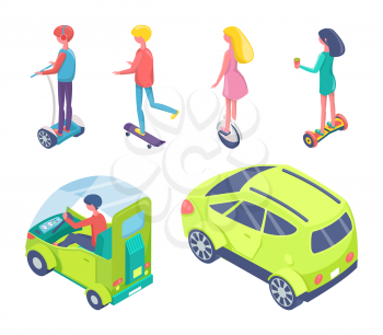 Eco transport vector, people on cars using e-transport to commute, teenegers on hoverboards set, girl with cup and beverage machines set flat style
