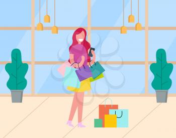 Smiling female standing with colorful packages, woman character in supermarket. Shopping day of lady, customer with purchases, plant and lamp vector