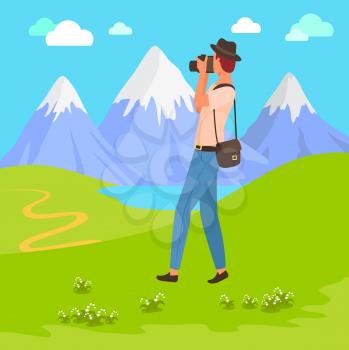 Hiker photographer taking picture of the valley with mountains and lake. Rocky peak with snow. Man in hat with digital camera, nature landscape vector