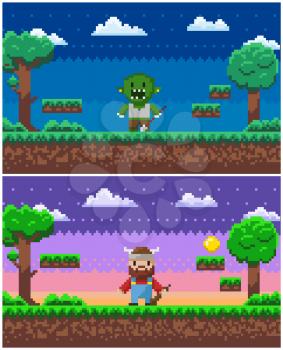 Game in 8 or 16 bit style vector, pixel art characters on scene with trees and bushes, viking with weapon and troll, points for score gold medal coin, pixelated video-game landscape