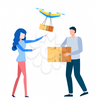 Customer with fulfilled order, box and good delivery of product by service. Person with package shipment storage. Delivery with drone. Quadcopter flying over peoples and carrying package to customer