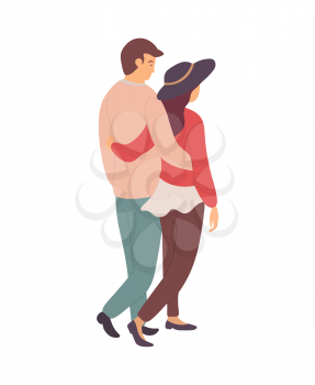 Happy relationship, embracing man and woman in casual clothes. Male and female holding each other, back view of lover character vector isolated people