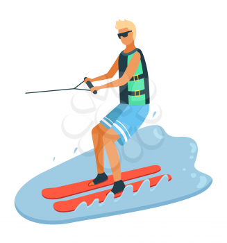 Tanned boy in sunglasses and life jacket water skiing. Young man wearing swimming trunks doing summertime extreme sport. Summer leisure, seasonal activity vector
