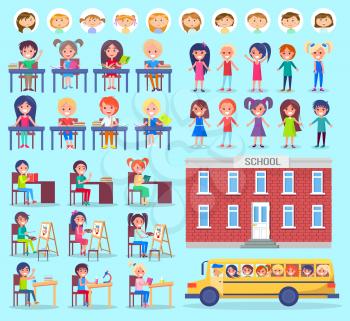 Stickers of pupils, portrait view of girls and boys, set of studying kids, children painting and researching. School and bus isolated on blue vector. Back to school concept