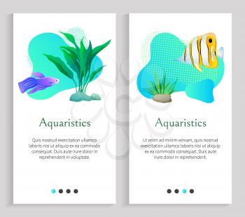 Aquaristics fish swimming in sea water vector, seaweed and plants, flora and fauna of underwater. Marine life, ocean dwellers animals types. Website or slider app, landing page flat style