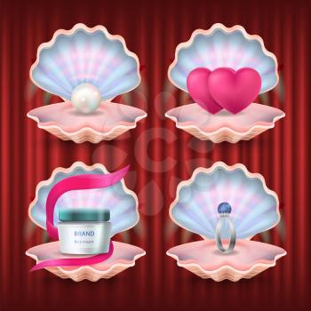 Lotion for skincare and products in shells vector, isolated set of seashells. Pearl and container with emblem, engagement ring and hearts red curtain
