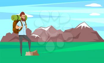 Smiling man with beard standing on rock, climber with backpack and mat on background of mountain peaks. Vector sporty male character hiking, active hobby