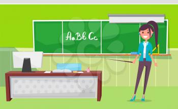 Teacher standing near blackboard with pointer at lesson. Letters written on blackboard vector. In classroom is table with stationery and computer. Back to school concept. Flat cartoon
