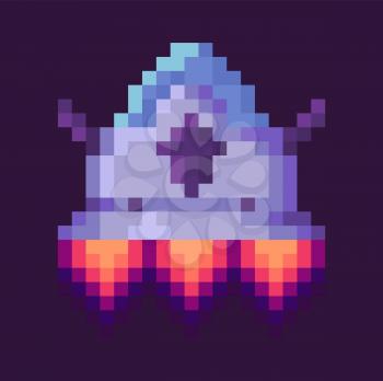 Flying ufo or space-rocket, power element of space pixel game, galaxy ship with shuttle, pixelated spaceship with fire, cosmic vehicle invader vector, pixelated cosmic object for mobile app games