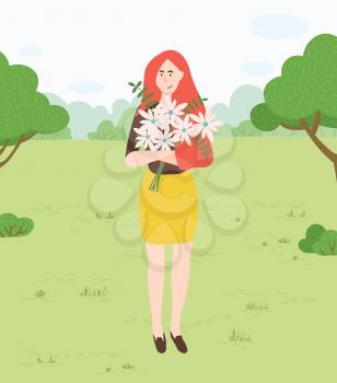 Woman with flowers in park, nature and environment vector. Girl with chamomiles bouquet, forest meadow, trees and bushes, female character walking