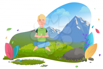 Mountain tourism, traveling man meditating in lotus pose vector. Traveler and landscape, guy and wild nature, rocks and harmony, levitation and wind. Mountain tourism. Flat cartoon