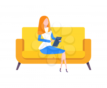 Woman working with information on gadget vector, lady holding tablet in hands, character sitting on comfortable yellow furniture, work task online