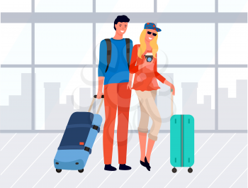 Young couple of tourists with luggage. Travelers with suitcase on wheel in airport or bus train station. Man with rucksack and woman wearing cap and sunglasses with camera vector