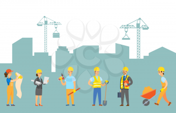 Teamwork vector, people on construction flat style characters with instruments and tasks, plan supervising, lady with scheme, man with carriage sand