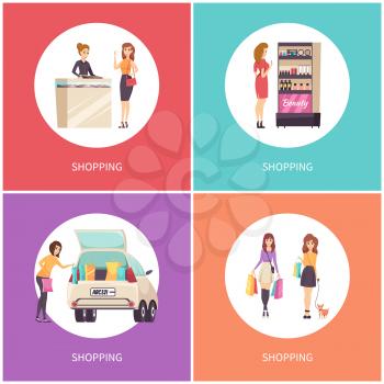 Shopping posters beauty stand with cosmetics and products for makeup set vector. Jewelry store, lady wearing precious diamond ring, car with bags