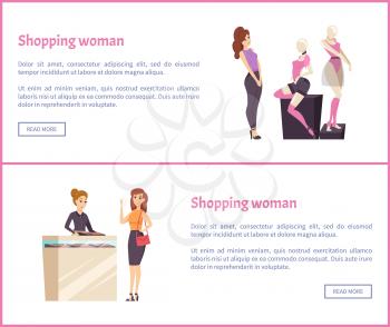 Shopping woman web posters, female admiring fashionable brand clothes placed on mannequins showcase, girl in jewelry store trying on new ring vector