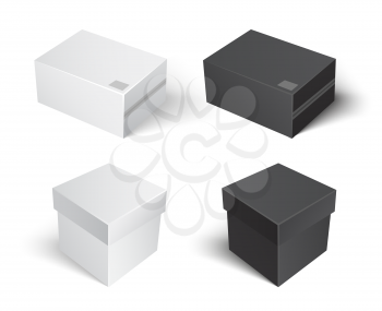 Carton package of square shape, boxes isolated icons set vector. Containers made of cardboard sealed with help of adhesive tape. Packaging and keeping
