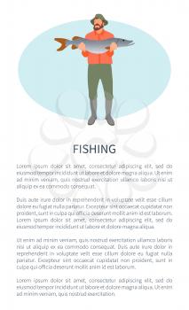 Fishing hobby or leisure outdoor activity poster with text sample. Fisherman or fisher guy in overall holding big predator pike fish in hands isolated