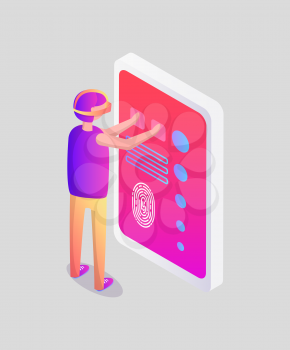 Virtual reality man and touchscreen with text and prints vector. Isolated isometric 3d icon with male wearing vr goggles and looking at big display