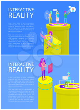 Interactive reality woman taking on mobile phone, set of poster with text sample. Touch screens and laptop with vr glasses goggles usage by man vector