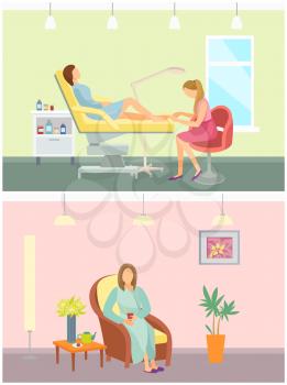 Beauty salon resort and pedicure service vector. Pedicurist with client on table, lady drinking hot calming tea beverage from teapot on table by her