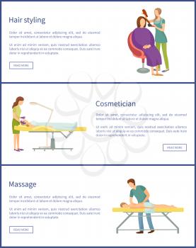 Hair styling of stylist, cosmetician face therapy of woman. Set of posters with text sample and massage, masseur with client and big towel vector