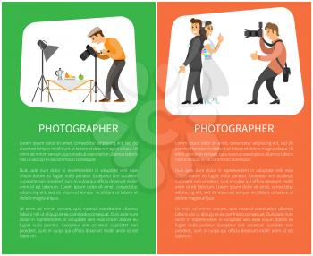 Photographer profession and hobby bright banners set. Still life picture and wedding couple photo, men taking picture with camera vector illustration.