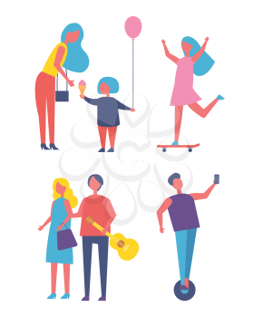 People having fun in park cartoon vector banner. Young couple walking, girl riding on skateboard, boy making photo on unicycle, mom and kid with ice