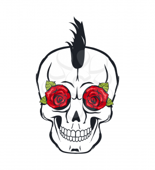 Skull icon with roses and leaves colorful poster, vector illustration of rock and roll emblem with black mohawk, smiling brainpan with red flowers