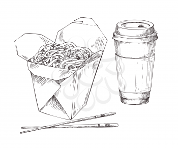 Paper or plastic disposable cup with drink and noodles box with chopsticks icons set. Monochrome sketch style vector illustration for takeaway fast food.