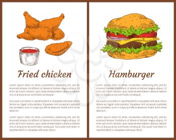 Fried chicken and hamburger posters set. American fast food meals drumsticks served with tomato sauce, buns and meat, salad leaves vector illustration