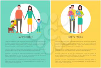 Family parent and kids poster with text sample. Pet with daughter, father and mother holding child. Boy kid playing with ball, happy spouses vector