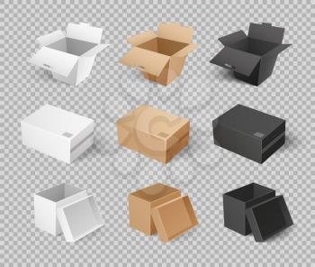 Mockups of cardboards, delivery packs in realistic design. Containers templates vector. Boxes and packages made of paper and carton on transparency