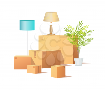 Box carton cargo, delivery of packages vector. Houseplant in pot, leaves of tropical plant. Torchiere standing lamp, cardboard containers isometric