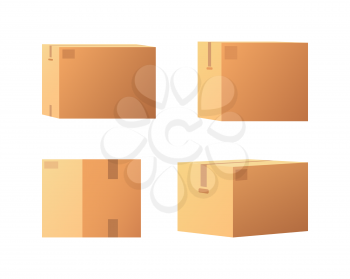 Closed parcel icons from side, back and front view vector isolated. Rectangular packages box mockups, 3D isometric signs. Shipping storage for goods shopping