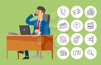 Boss worker sitting in office talking on phone vector. Person wearing suit discussing problems with partners, icons of loudspeaker, call and messages
