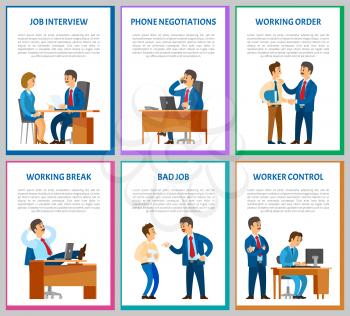 Interview candidate talking to director posters with text sample vector. Phone talk negotiations with partners, worker control,  supervising boss, break