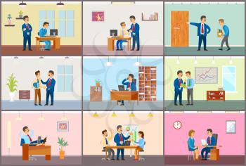 Boss working in office, dismissal and interview vector. Businessman worker monitor, supervising novice at work, conference meeting of team, planning