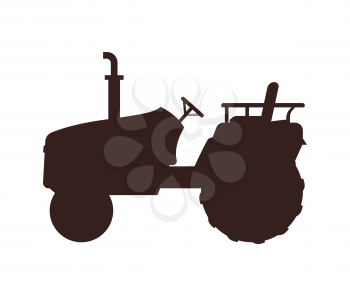 Shadow silhouette of small compact, mini tractor, black and white shape, book page sample. Agricultural machinery icon, vector banner cartoon style