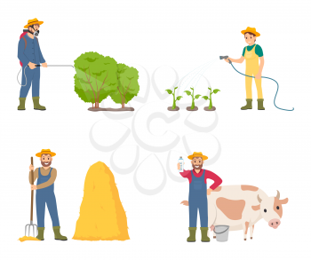 Farmer people with animal isolated icons set vector. Spraying of bushes with insecticides, putting hay on bale. Woman watering plant and man with cow