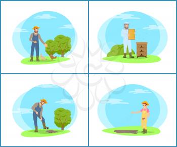 Beekeeper on land with honeycomb and working farmers isolated set. Man feeding chickens, person digging soil and woman sowing seeds from bag vector