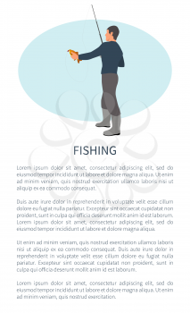 Fishing outdoor activity brochure with fisher and text sample. Rodman in profile with tackle or spinning hilding perch or bass fish catch or take.