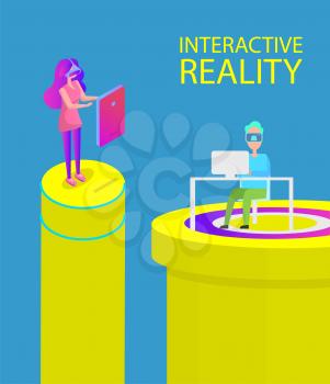 Interactive reality, innovative technology of traveling in space and time. Woman touching screen and man using laptop and vr visual goggles vector