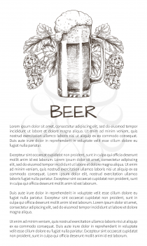 Foamy beer mug with hop plant hand drawn vector illustration, advertisment monochrome poster for brew house with text sample on nutral white backdrop.