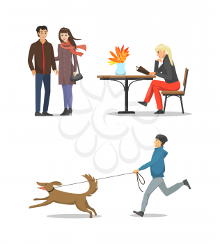 Woman at coffee shop reading menu, people walking together, couple of male and female in love vector. Person with dog pet on leash, jogging boy set
