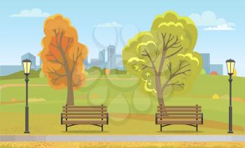 Autumn park with benches and streetlight. Wooden seats along path and fall leaves on trees, skyscrapers of downtown at horizon vector illustration.