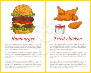 Hamburger sesame buns and fried chicken served with ketchup. Meat fast food crumbed drumsticks. Traditional american dishes set vector illustration