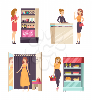 Woman shopping trying on dress in changing room with curtain set vector. Customer female looking at makeup cosmetics production jewelry and food store