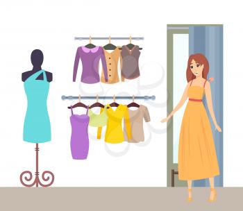 Shopping lady in changing room of luxury boutique wearing dress vector. Mannequin with robe jackets and tops, blouses on hanger. Stylish shopper woman